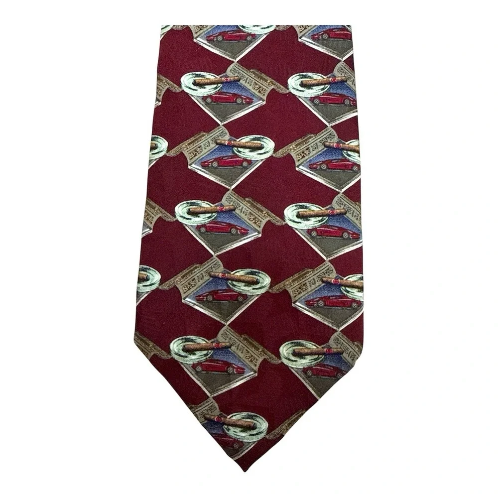 Prestige Silk Magazine Panel Tie Classic Car Cigar Ashtray Maroon 57.5 x 4 USA